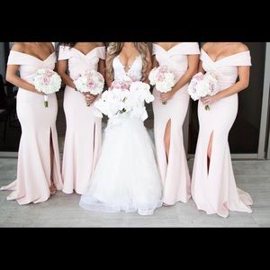 Blush off the shoulder floor length gown